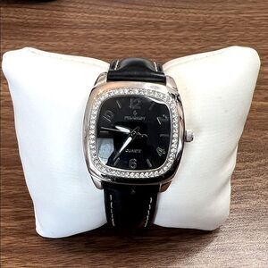 Peugeot Silver Tone and Black Watch with Crystal Details